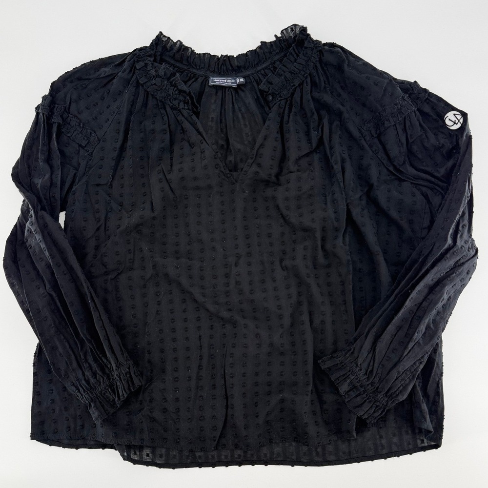 VINEYARD VINES Black Swiss Dot Ruffle Blouse XL CLA Embroidered Logo